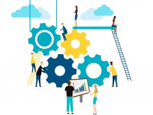 Concept Of Teamwork, People Building Gear Wheels. Isolated On White Background. Vector Illustration.