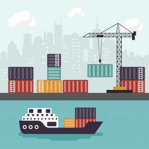 Container Ship At Freight Port Terminal Unloading. Merchant Marine. Flat Vector Illustration