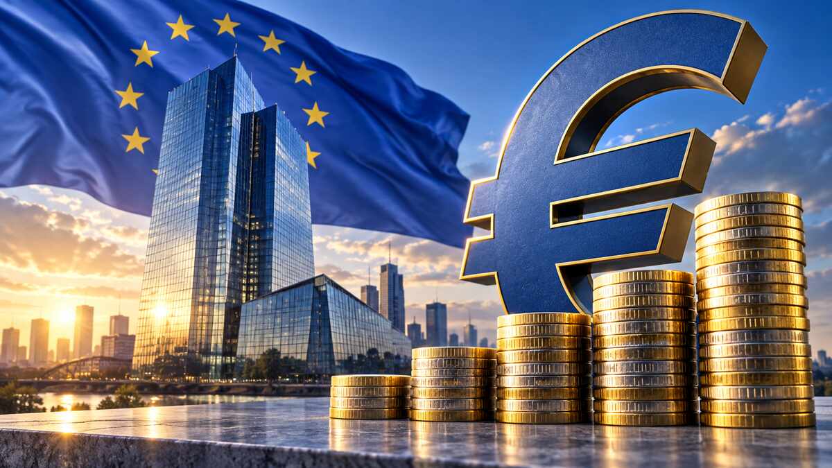 Ilustración del euro, monedas y una sede bancaria europea que representa la subida de tipos del BCE