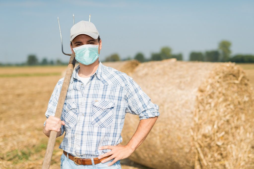 Farmer In His Field While Wearing A Mask, Coronavirus Pandemic Concept