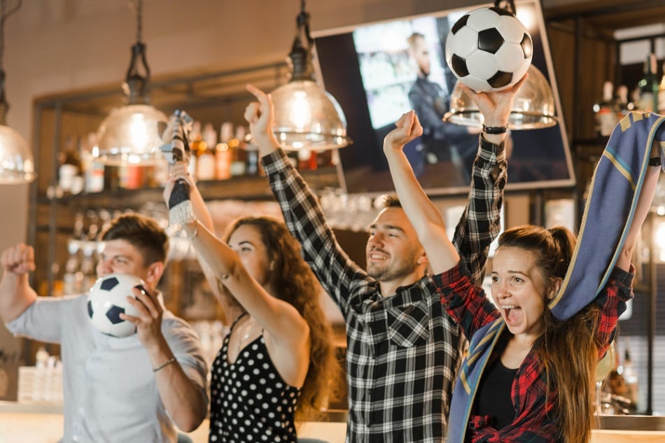 Group Friends Watching Sport Together Celebrating Victory Bar