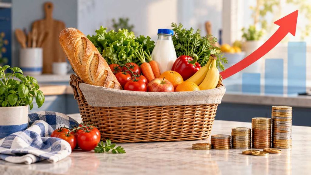 Cesta de la compra y monedas que representan el aumento del coste de vida