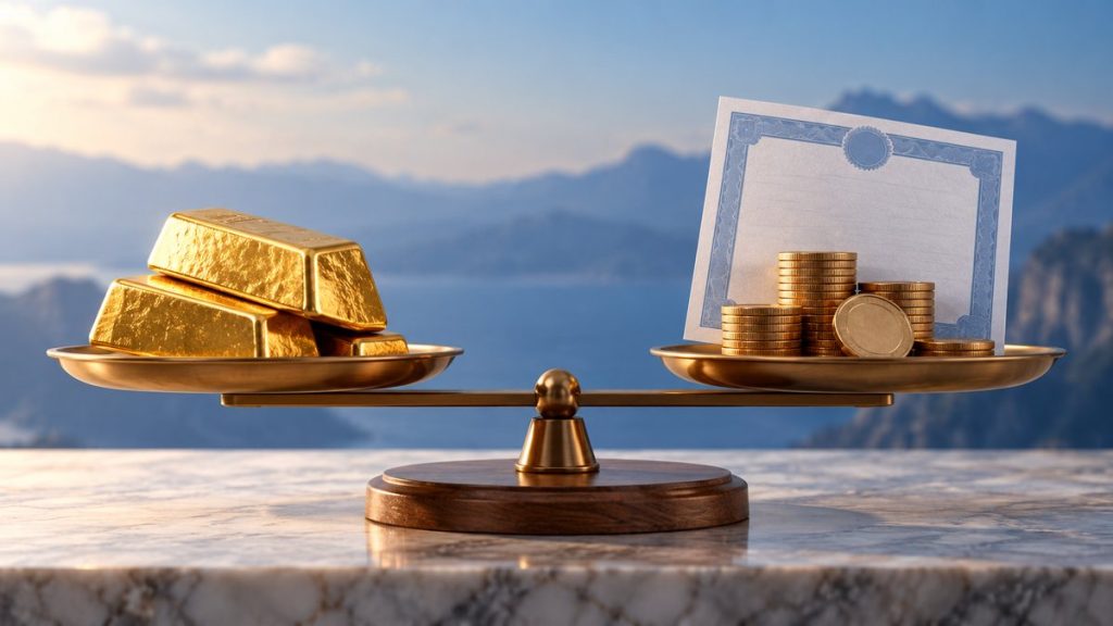 Balanza con lingotes de oro frente a un certificado de bonos y monedas